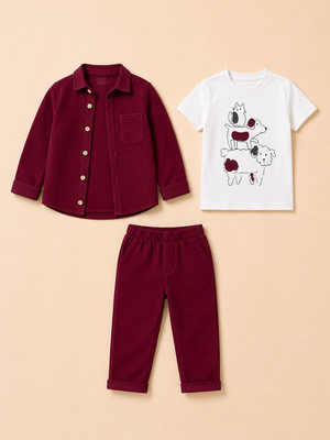 Mehroon Textured 3-Piece Co-ord Set for Baby Boys – Waffle Shirt, Graphic T-Shirt & Pants Set BloomUp