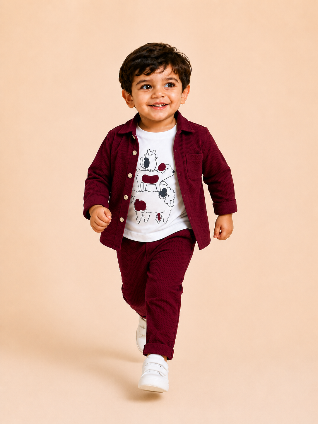 Mehroon Textured 3-Piece Co-ord Set for Baby Boys – Waffle Shirt, Graphic T-Shirt & Pants Set BloomUp
