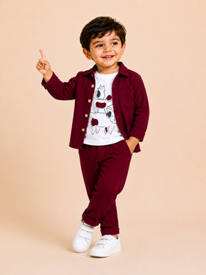 Mehroon Textured 3-Piece Co-ord Set for Baby Boys – Waffle Shirt, Graphic T-Shirt & Pants Set BloomUp