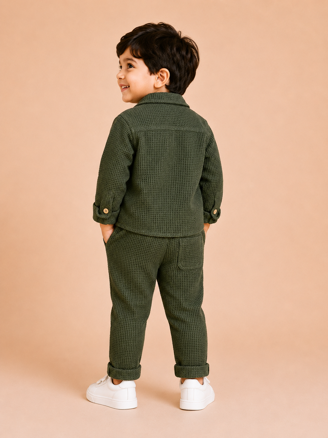 Olive Green Textured 3-Piece Co-ord Set for Baby Boys – Waffle Shirt, Graphic T-Shirt & Pants Set BloomUp