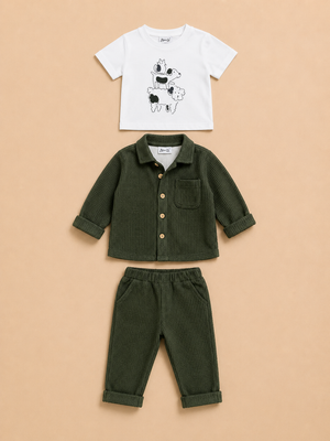 Olive Green Textured 3-Piece Co-ord Set for Baby Boys – Waffle Shirt, Graphic T-Shirt & Pants Set BloomUp