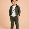 Olive Green Textured 3-Piece Co-ord Set for Baby Boys – Waffle Shirt, Graphic T-Shirt & Pants Set