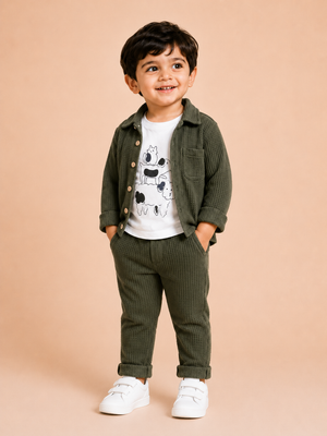 Olive Green Textured 3-Piece Co-ord Set for Baby Boys – Waffle Shirt, Graphic T-Shirt & Pants Set BloomUp