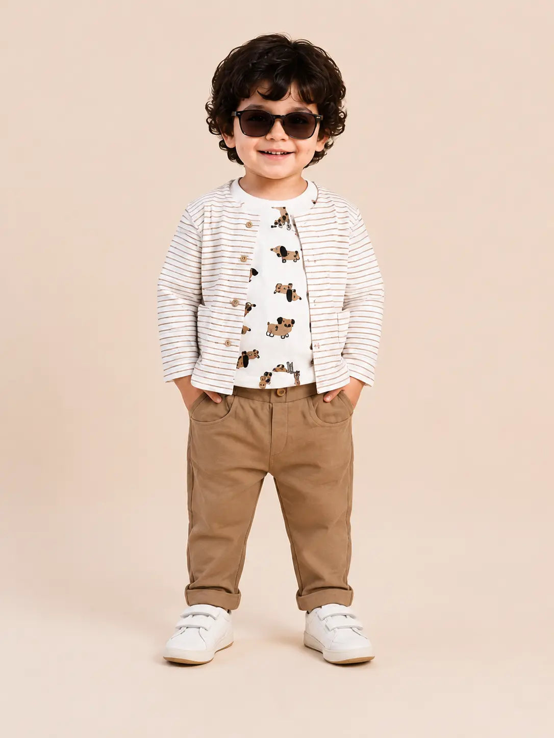 BloomUp Beige Striped Jacket, Dog Print T-Shirt & Brown Pants Set for Boys – Soft Cotton 3-Piece Kids Outfit