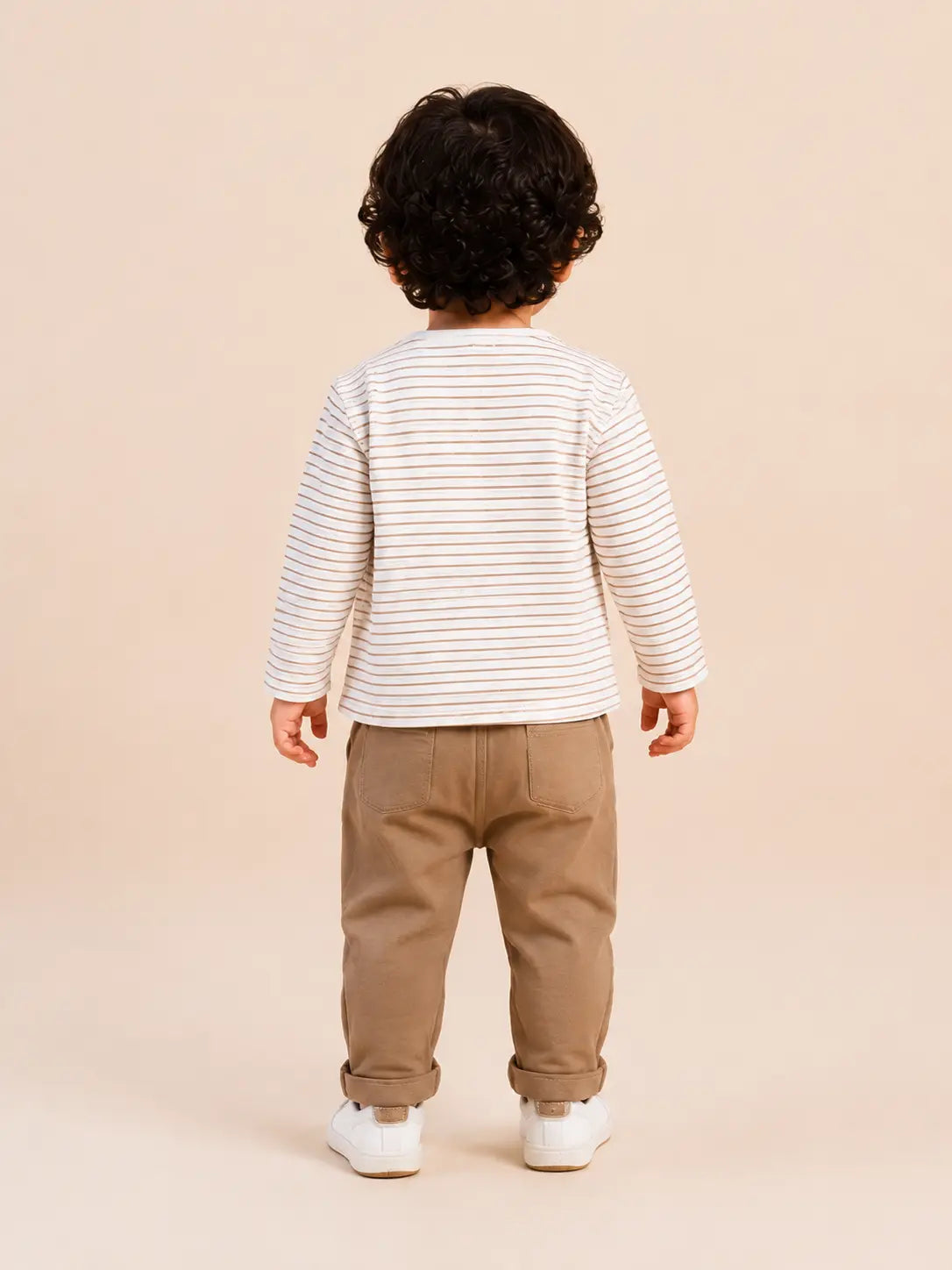 BloomUp Beige Striped Jacket, Dog Print T-Shirt & Brown Pants Set for Boys – Soft Cotton 3-Piece Kids Outfit