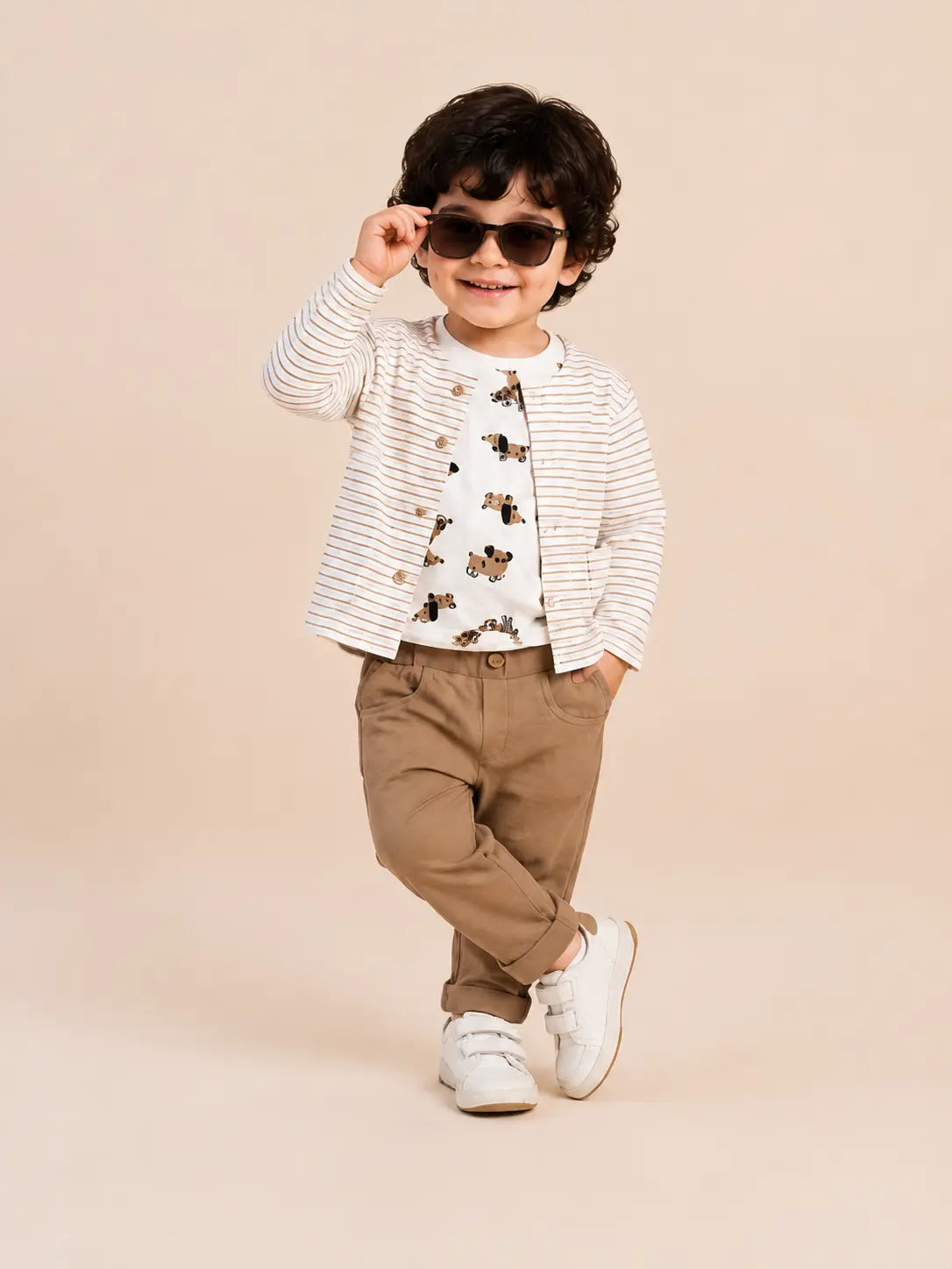 BloomUp Beige Striped Jacket, Dog Print T-Shirt & Brown Pants Set for Boys – Soft Cotton 3-Piece Kids Outfit