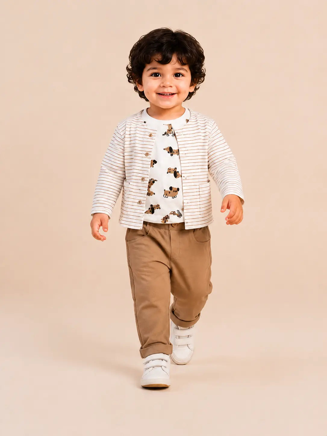 BloomUp Beige Striped Jacket, Dog Print T-Shirt & Brown Pants Set for Boys – Soft Cotton 3-Piece Kids Outfit