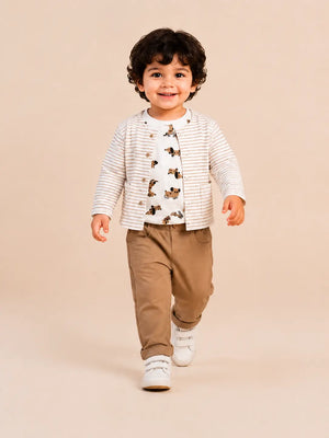 BloomUp Beige Striped Jacket, Dog Print T-Shirt & Brown Pants Set for Boys – Soft Cotton 3-Piece Kids Outfit