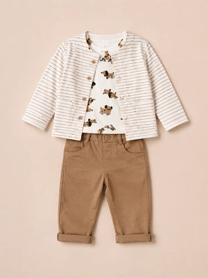 BloomUp Beige Striped Jacket, Dog Print T-Shirt & Brown Pants Set for Boys – Soft Cotton 3-Piece Kids Outfit