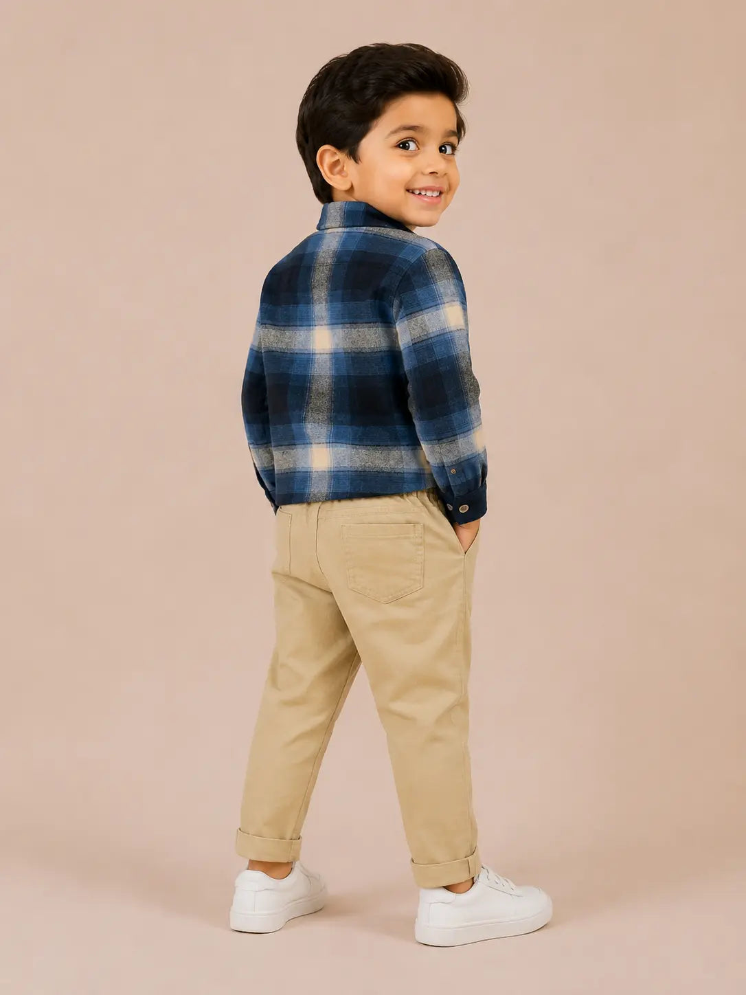 BloomUp Blue Checked Shirt & Beige Trouser Co-ord Set for Baby Boys – Smart Casual 2-Piece Outfit