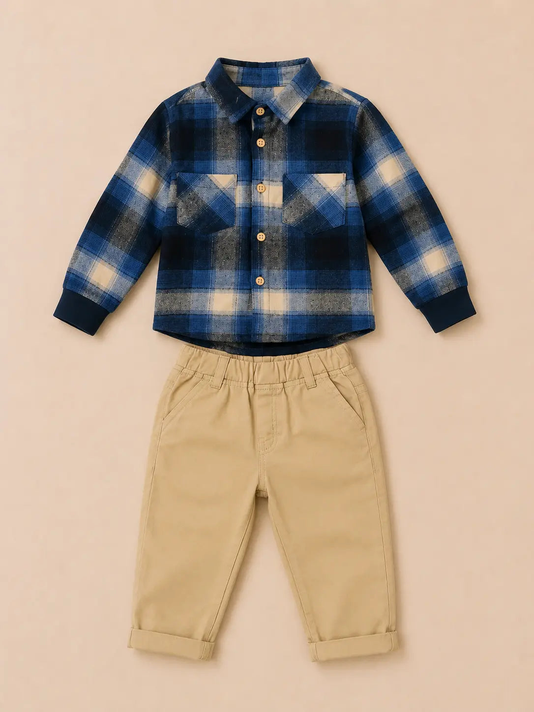 BloomUp Blue Checked Shirt & Beige Trouser Co-ord Set for Baby Boys – Smart Casual 2-Piece Outfit