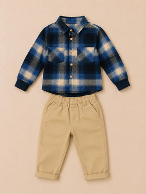 BloomUp Blue Checked Shirt & Beige Trouser Co-ord Set for Baby Boys – Smart Casual 2-Piece Outfit