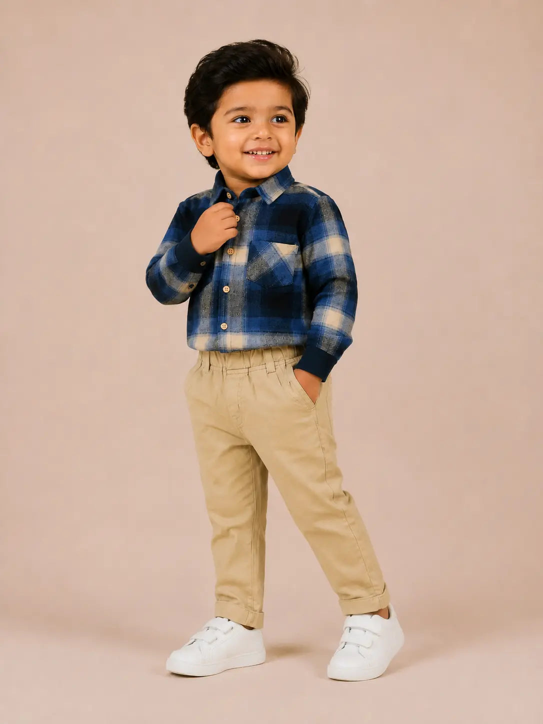 BloomUp Blue Checked Shirt & Beige Trouser Co-ord Set for Baby Boys – Smart Casual 2-Piece Outfit