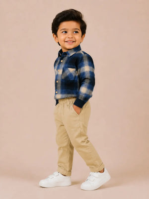 BloomUp Blue Checked Shirt & Beige Trouser Co-ord Set for Baby Boys – Smart Casual 2-Piece Outfit