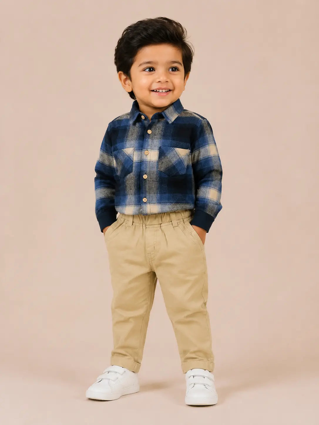 BloomUp Blue Checked Shirt & Beige Trouser Co-ord Set for Baby Boys – Smart Casual 2-Piece Outfit