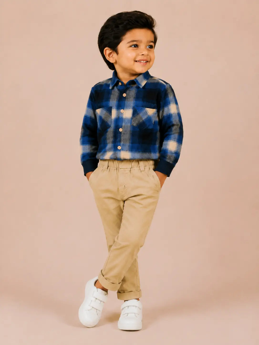 BloomUp Blue Checked Shirt & Beige Trouser Co-ord Set for Baby Boys – Smart Casual 2-Piece Outfit