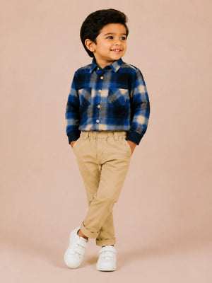 BloomUp Blue Checked Shirt & Beige Trouser Co-ord Set for Baby Boys – Smart Casual 2-Piece Outfit