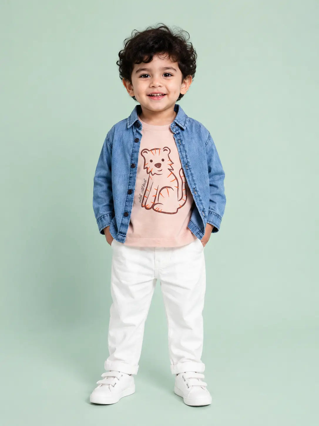 BloomUp 3-Piece Tiger Graphic Outfit Set for Baby Boys – Denim Shirt, Printed T-Shirt & White Trousers