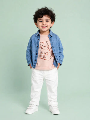 BloomUp 3-Piece Tiger Graphic Outfit Set for Baby Boys – Denim Shirt, Printed T-Shirt & White Trousers