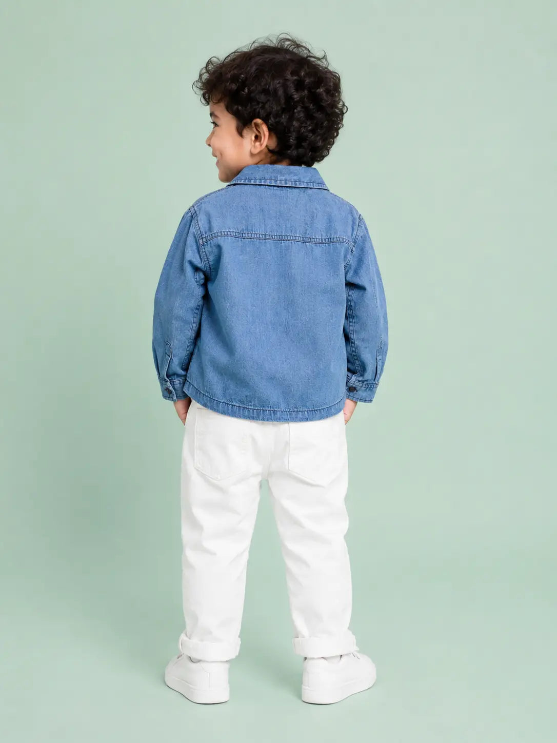 BloomUp 3-Piece Tiger Graphic Outfit Set for Baby Boys – Denim Shirt, Printed T-Shirt & White Trousers