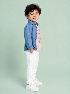 BloomUp 3-Piece Tiger Graphic Outfit Set for Baby Boys – Denim Shirt, Printed T-Shirt & White Trousers