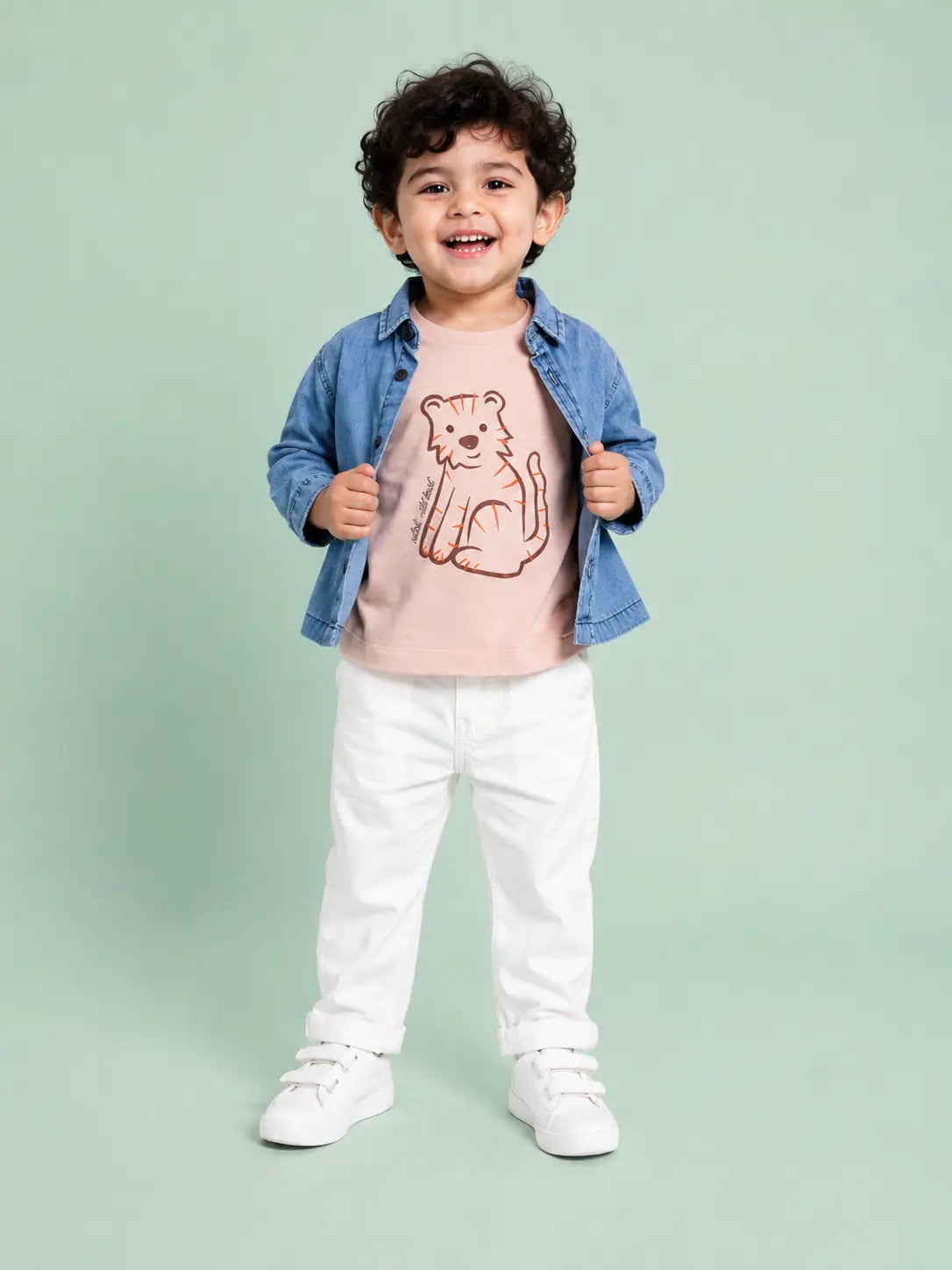 BloomUp 3-Piece Tiger Graphic Outfit Set for Baby Boys – Denim Shirt, Printed T-Shirt & White Trousers