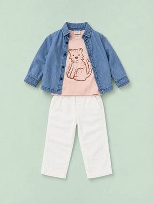 BloomUp 3-Piece Tiger Graphic Outfit Set for Baby Boys – Denim Shirt, Printed T-Shirt & White Trousers