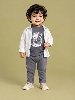 BloomUp Grey Dinosaur Graphic 3-Piece Outfit Set for Baby Boys – Shirt, Printed T-Shirt & Casual Trousers