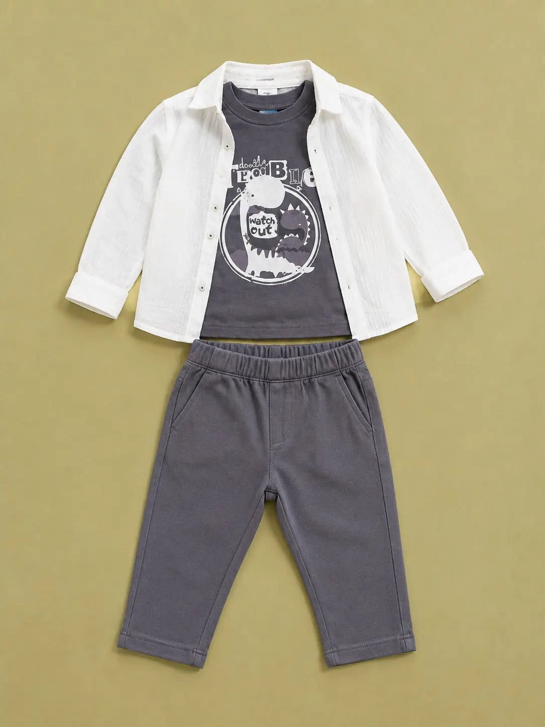 BloomUp Grey Dinosaur Graphic 3-Piece Outfit Set for Baby Boys – Shirt, Printed T-Shirt & Casual Trousers