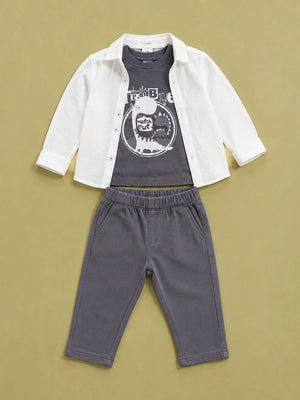 BloomUp Grey Dinosaur Graphic 3-Piece Outfit Set for Baby Boys – Shirt, Printed T-Shirt & Casual Trousers
