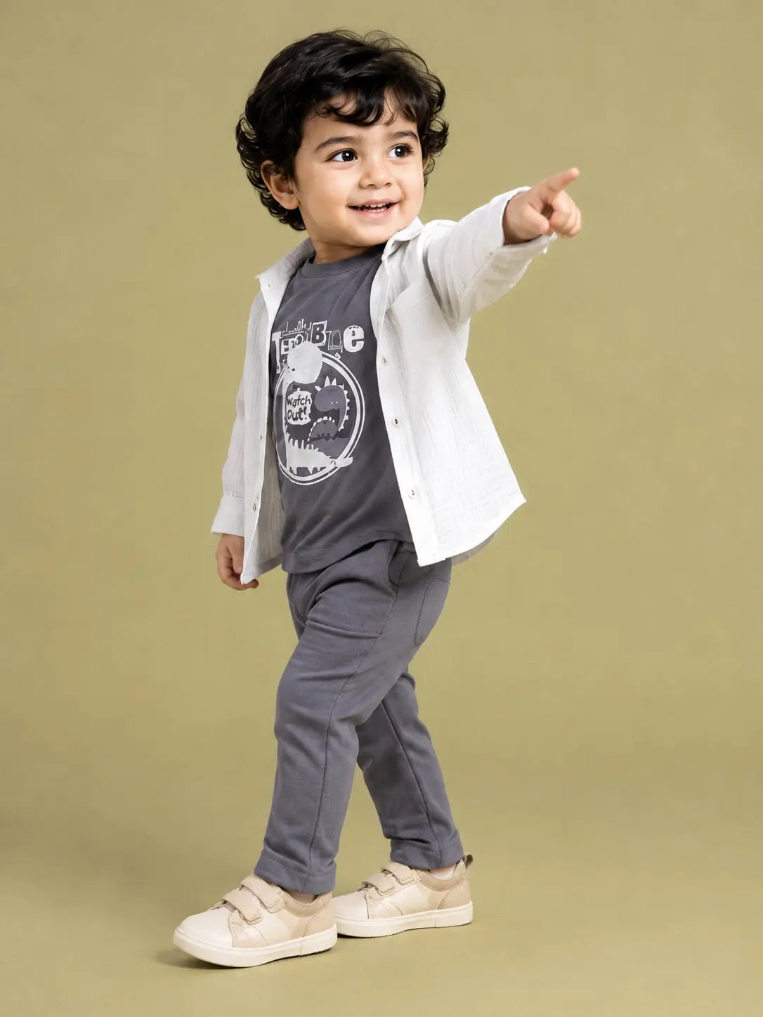 BloomUp Grey Dinosaur Graphic 3-Piece Outfit Set for Baby Boys – Shirt, Printed T-Shirt & Casual Trousers