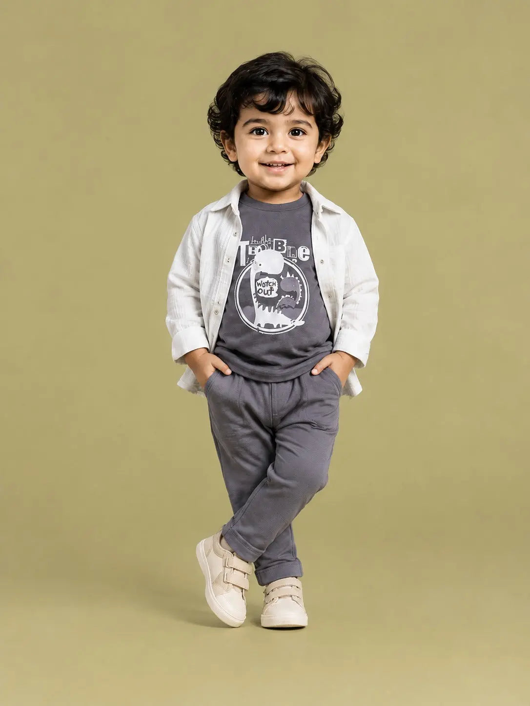 BloomUp Grey Dinosaur Graphic 3-Piece Outfit Set for Baby Boys – Shirt, Printed T-Shirt & Casual Trousers