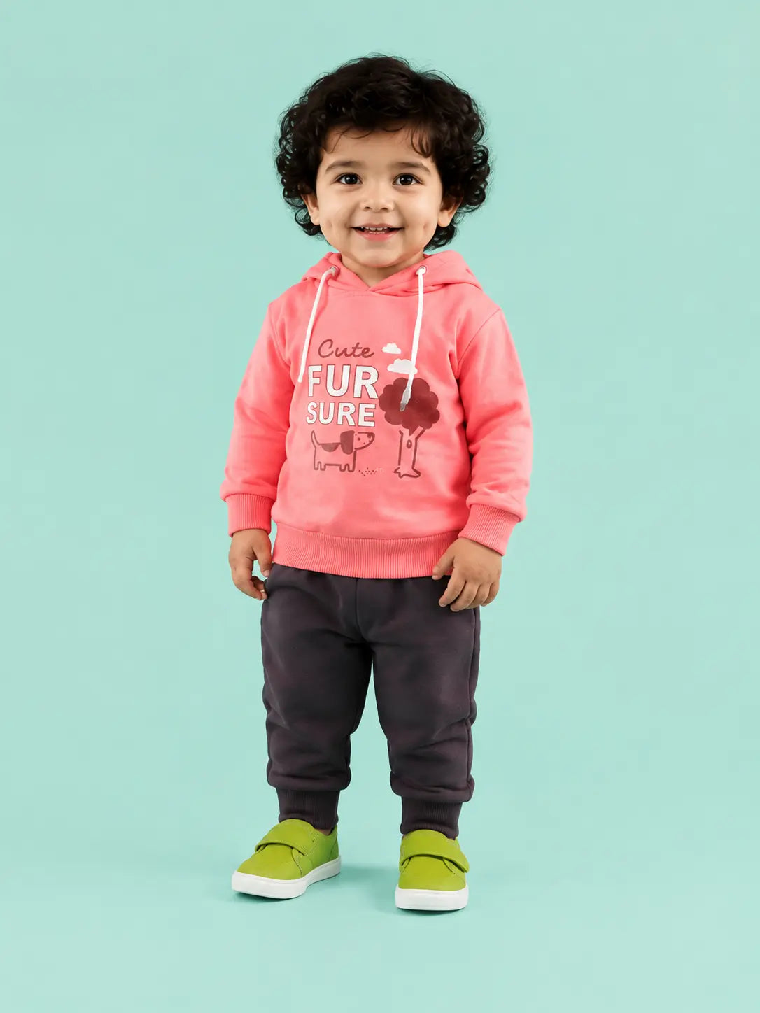 Coral “Cute Fur Sure” Hoodie & Jogger Set for Kids – Soft Cotton Winter Wear Co-ord Outfit