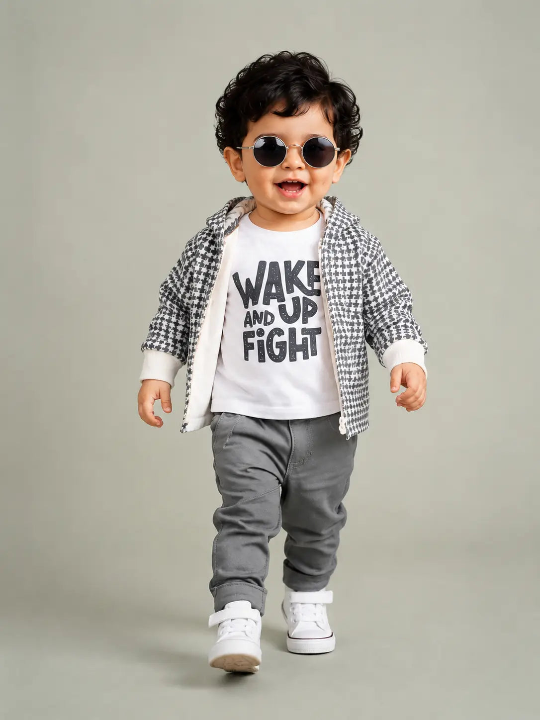 BloomUp 3-Piece Hooded Jacket, Graphic T-Shirt & Grey Pants Set for Boys – Soft Cotton Casual Kids Outfit