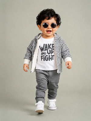 BloomUp 3-Piece Hooded Jacket, Graphic T-Shirt & Grey Pants Set for Boys – Soft Cotton Casual Kids Outfit