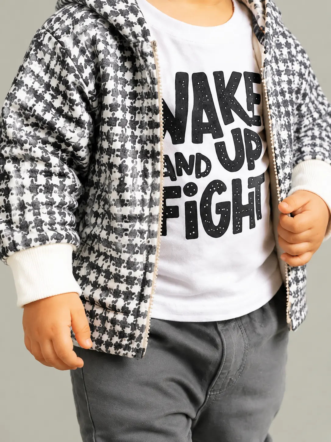 BloomUp 3-Piece Hooded Jacket, Graphic T-Shirt & Grey Pants Set for Boys – Soft Cotton Casual Kids Outfit