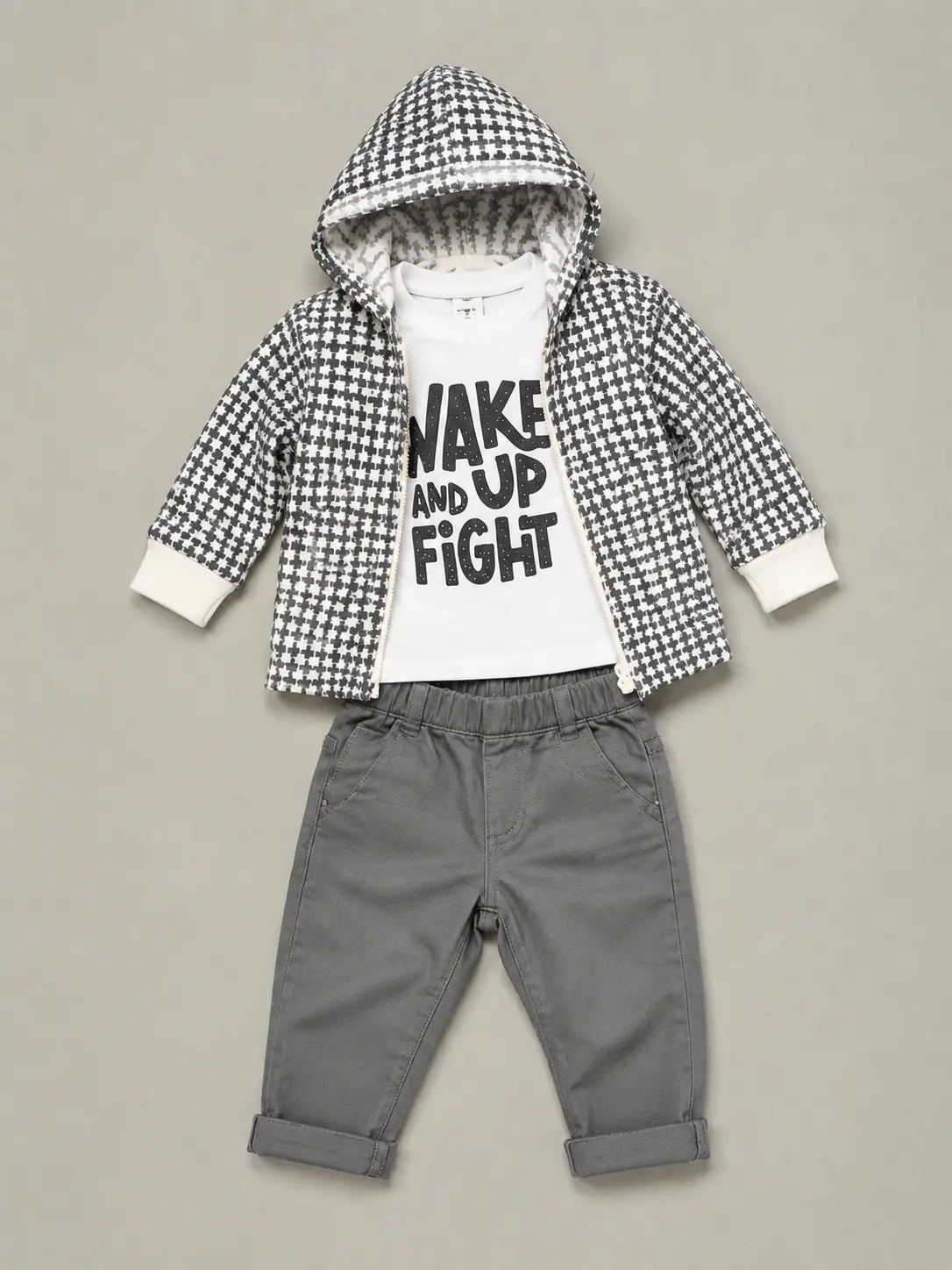 BloomUp 3-Piece Hooded Jacket, Graphic T-Shirt & Grey Pants Set for Boys – Soft Cotton Casual Kids Outfit