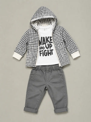 BloomUp 3-Piece Hooded Jacket, Graphic T-Shirt & Grey Pants Set for Boys – Soft Cotton Casual Kids Outfit
