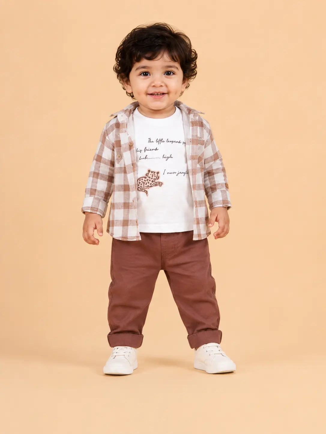 BloomUp Brown Checked 3-Piece Co-ord Set for Baby Boys – Checked Shirt, Graphic T-Shirt & Casual Pants Outfit