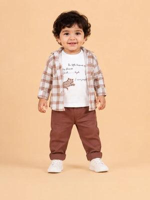 BloomUp Brown Checked 3-Piece Co-ord Set for Baby Boys – Checked Shirt, Graphic T-Shirt & Casual Pants Outfit