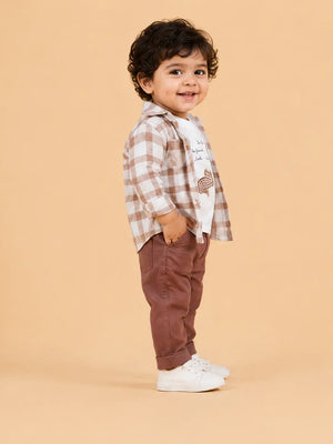 BloomUp Brown Checked 3-Piece Co-ord Set for Baby Boys – Checked Shirt, Graphic T-Shirt & Casual Pants Outfit