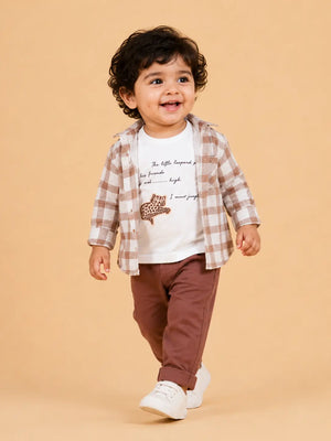 BloomUp Brown Checked 3-Piece Co-ord Set for Baby Boys – Checked Shirt, Graphic T-Shirt & Casual Pants Outfit
