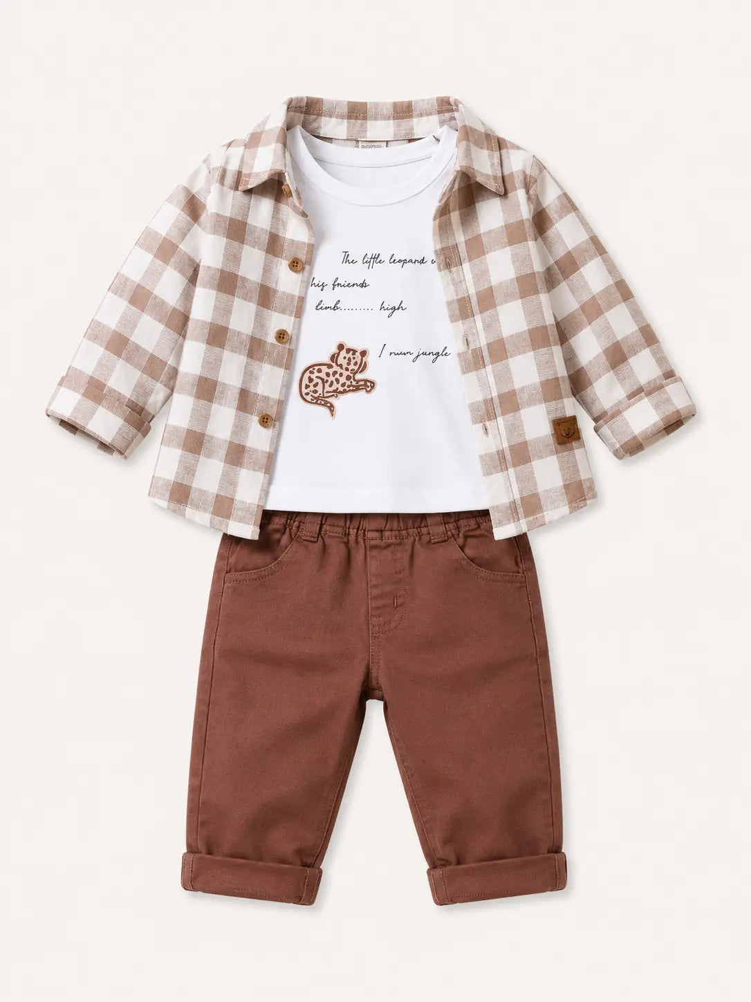 BloomUp Brown Checked 3-Piece Co-ord Set for Baby Boys – Checked Shirt, Graphic T-Shirt & Casual Pants Outfit