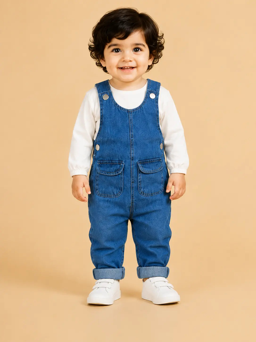 BloomUp Blue Denim Dungaree Set for Kids – Premium Cotton Overalls with White Inner Shirt | Everyday Casual Wear Outfit