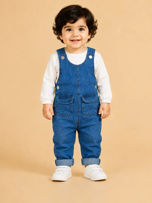 BloomUp Blue Denim Dungaree Set for Kids – Premium Cotton Overalls with White Inner Shirt | Everyday Casual Wear Outfit