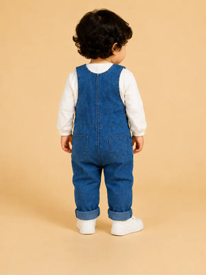 BloomUp Blue Denim Dungaree Set for Kids – Premium Cotton Overalls with White Inner Shirt | Everyday Casual Wear Outfit