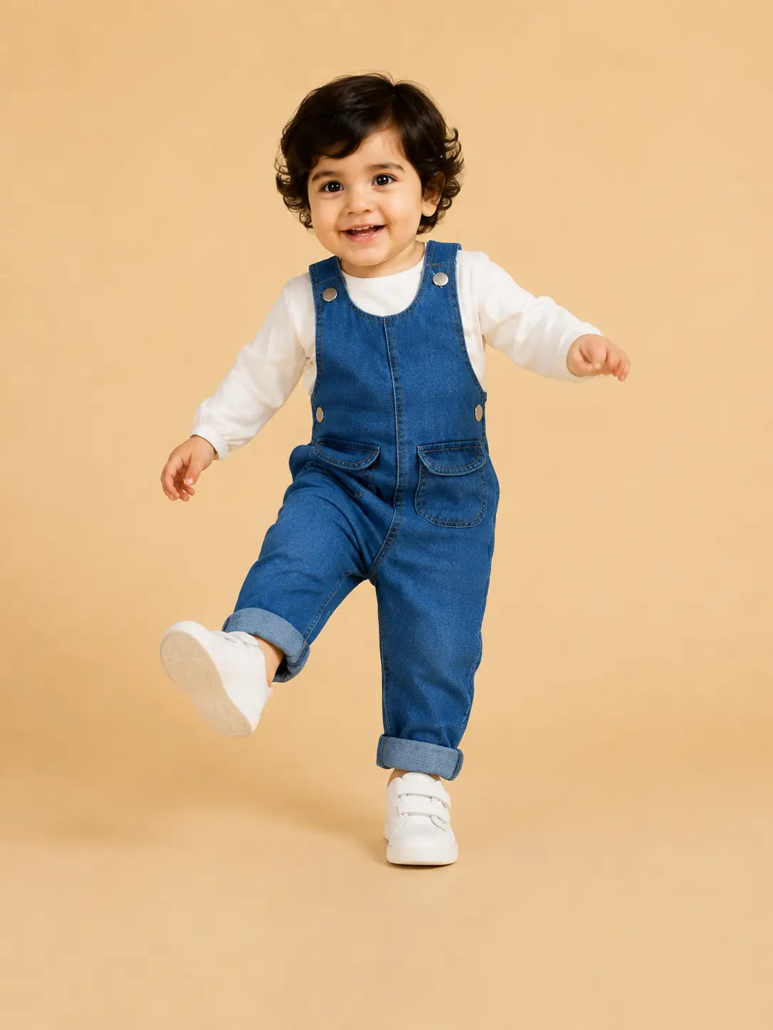 BloomUp Blue Denim Dungaree Set for Kids – Premium Cotton Overalls with White Inner Shirt | Everyday Casual Wear Outfit