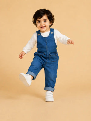 BloomUp Blue Denim Dungaree Set for Kids – Premium Cotton Overalls with White Inner Shirt | Everyday Casual Wear Outfit