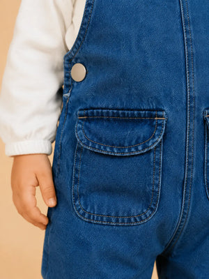 BloomUp Blue Denim Dungaree Set for Kids – Premium Cotton Overalls with White Inner Shirt | Everyday Casual Wear Outfit