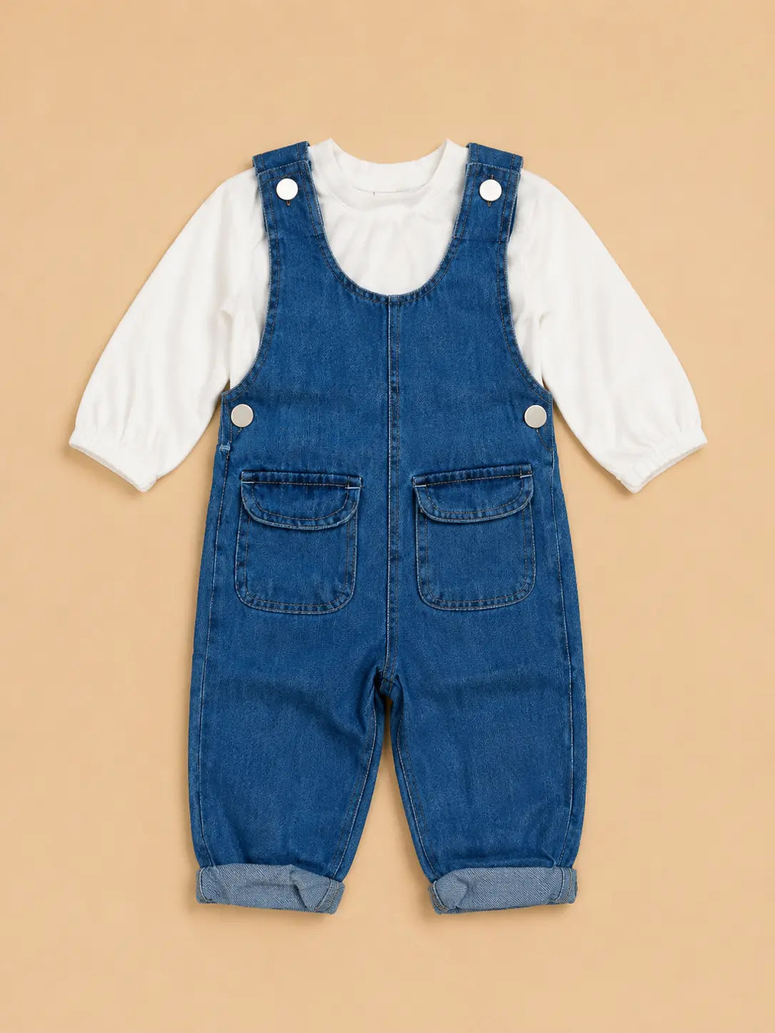 BloomUp Blue Denim Dungaree Set for Kids – Premium Cotton Overalls with White Inner Shirt | Everyday Casual Wear Outfit